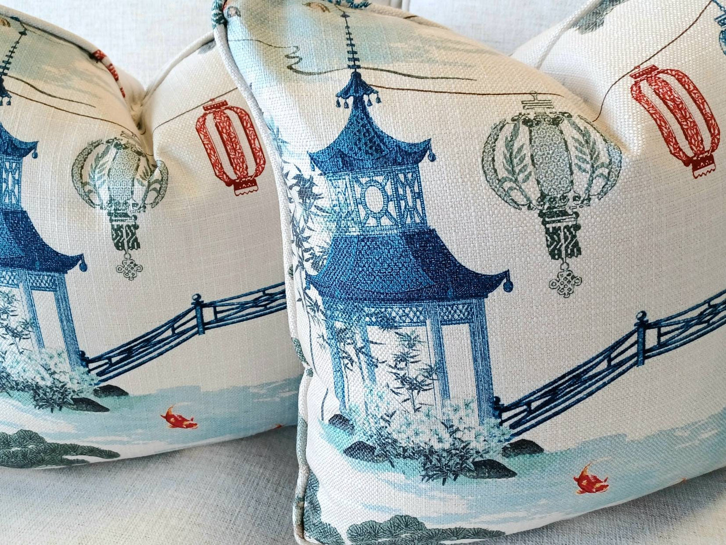 Blue Pagoda Red Lantern Chinoiserie Pillow Case