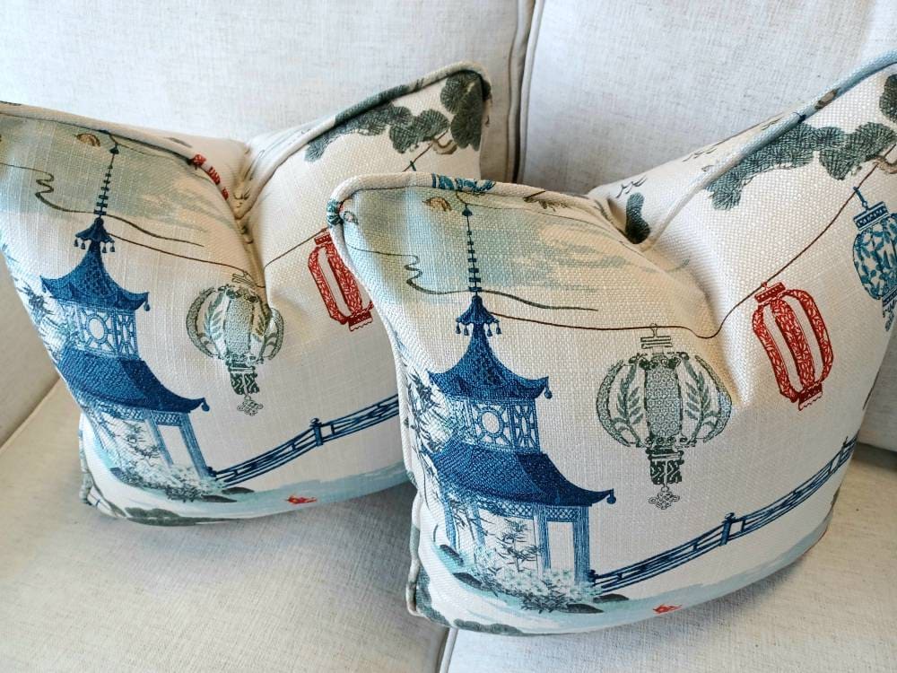 Blue Pagoda Red Lantern Chinoiserie Pillow Case