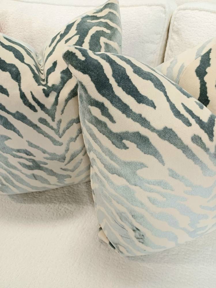 Blue Cream Zebra Velvet Pillow Cover