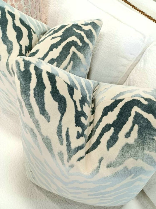 Blue Cream Zebra Velvet Pillow Cover