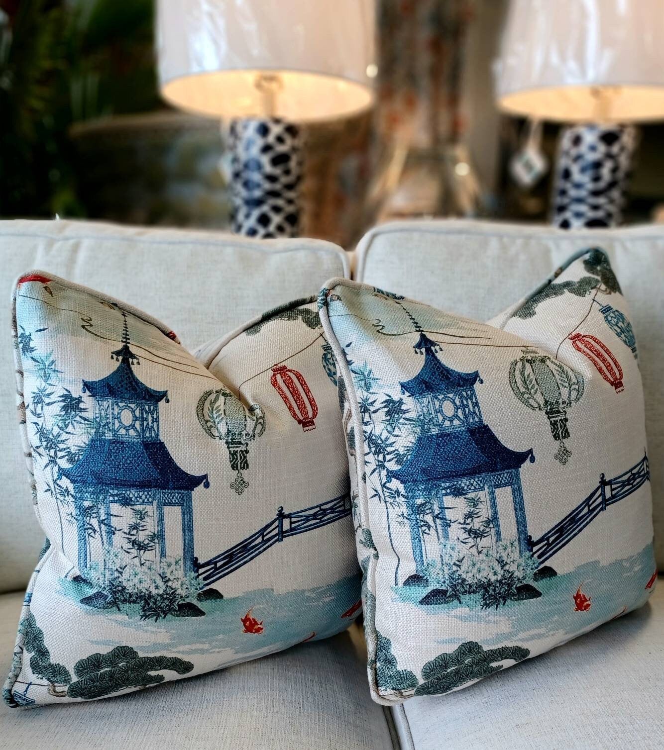 Blue Pagoda Red Lantern Chinoiserie Pillow Case