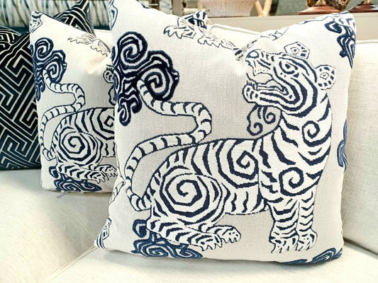 Chinoiserie Blue and White Tiger Velvet Pillow Cover