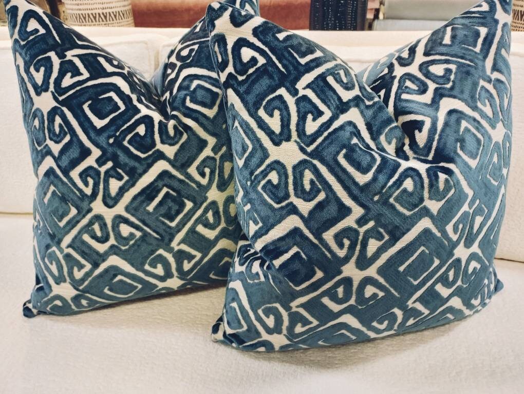 Blue geometric velvet pillow covers