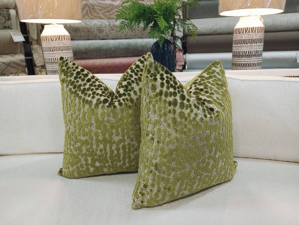 Green cut velvet dot pillow cover