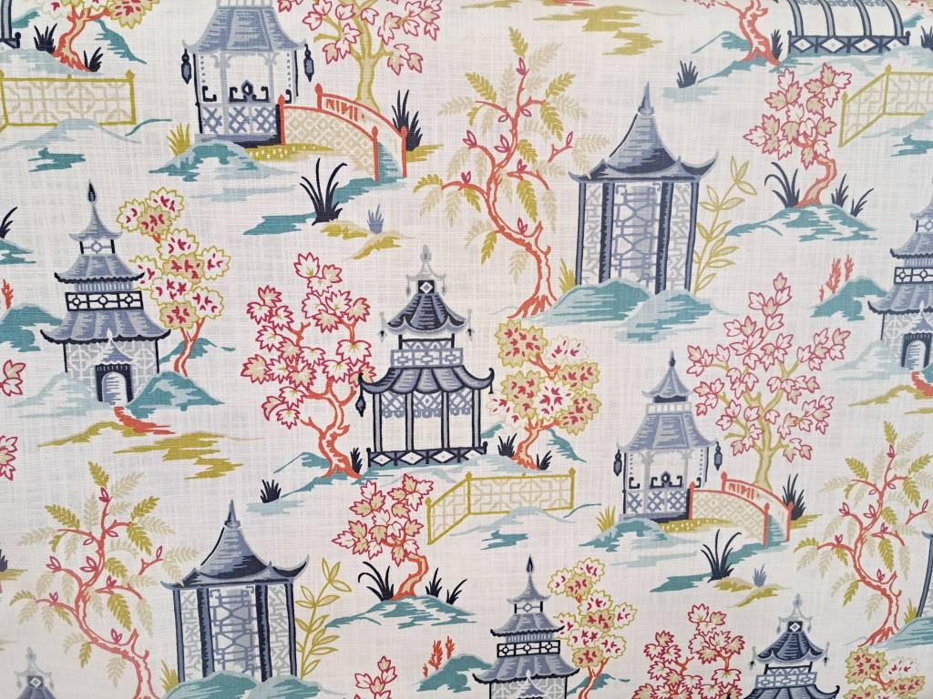Turquoise and Coral Pagoda Chinoiserie Print Pillow Cover