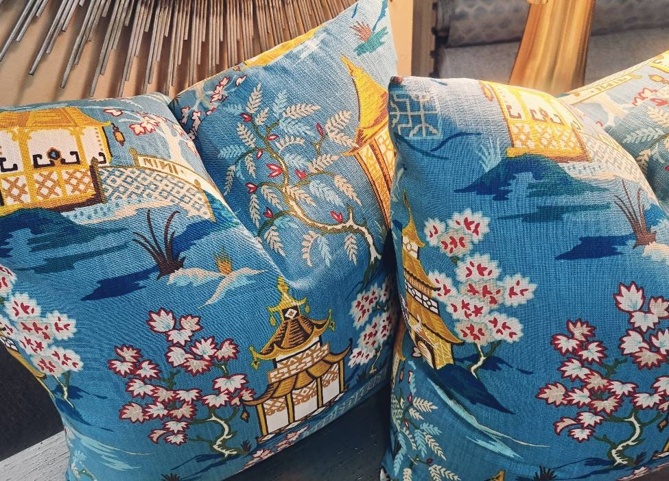 Turquoise and Coral Pagoda Chinoiserie Print Pillow Cover
