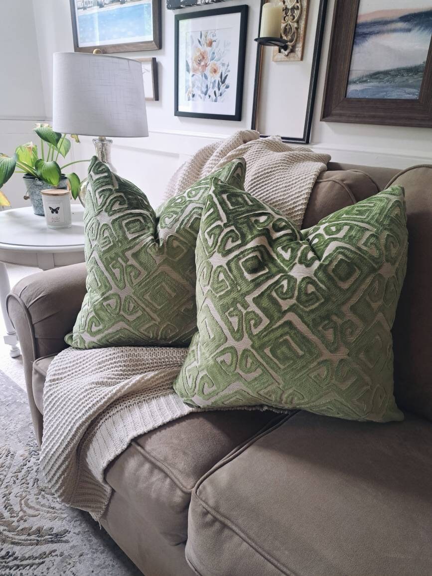 Green velvet geometric pillow covers
