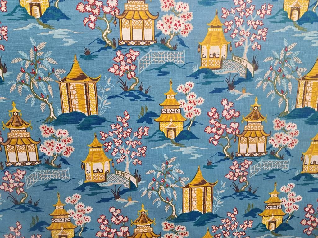 Turquoise and Coral Pagoda Chinoiserie Print Pillow Cover