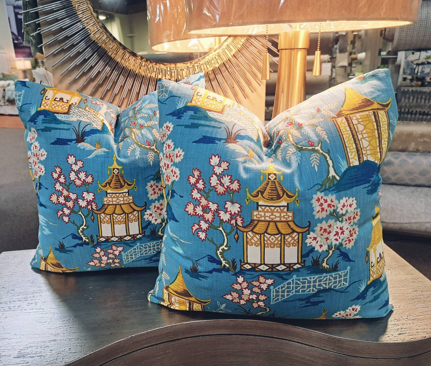 Turquoise and Coral Pagoda Chinoiserie Print Pillow Cover