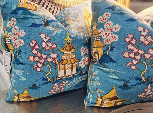 Turquoise and Coral Pagoda Chinoiserie Print Pillow Cover