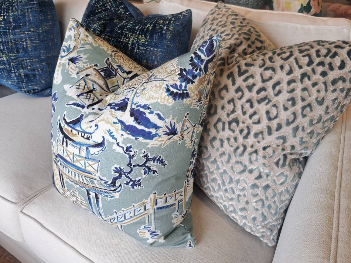 Ming Stone Chinoiserie Pagoda Print Pillow Cover
