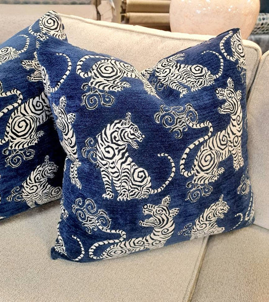 Navy Black and White Bengal tiger Velvet Pillow Cover