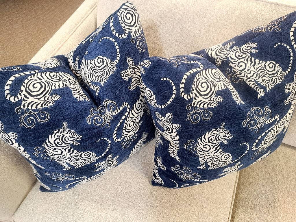 Navy Black and White Bengal tiger Velvet Pillow Cover