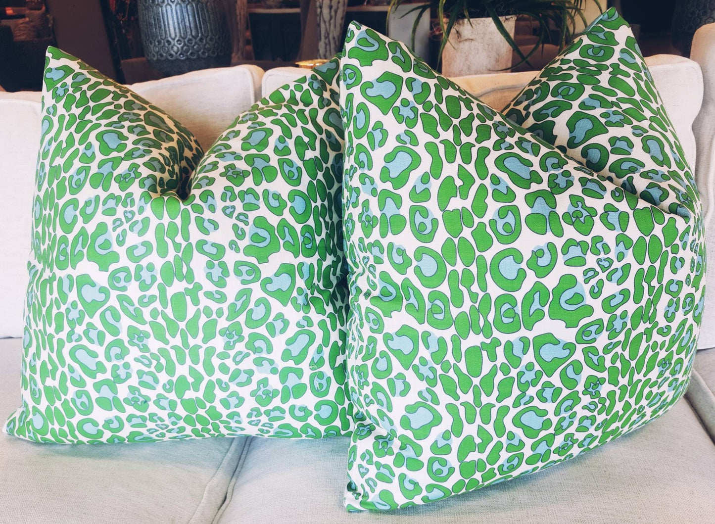 Bright Green Blue Leapard Print Pillow