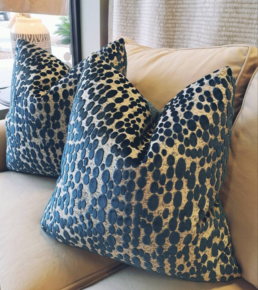 Blue cut velvet dot pillow cover