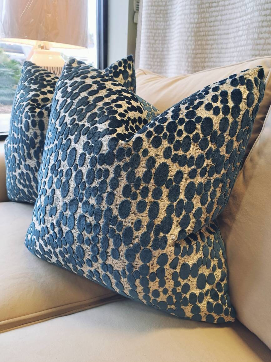 Blue cut velvet dot pillow cover
