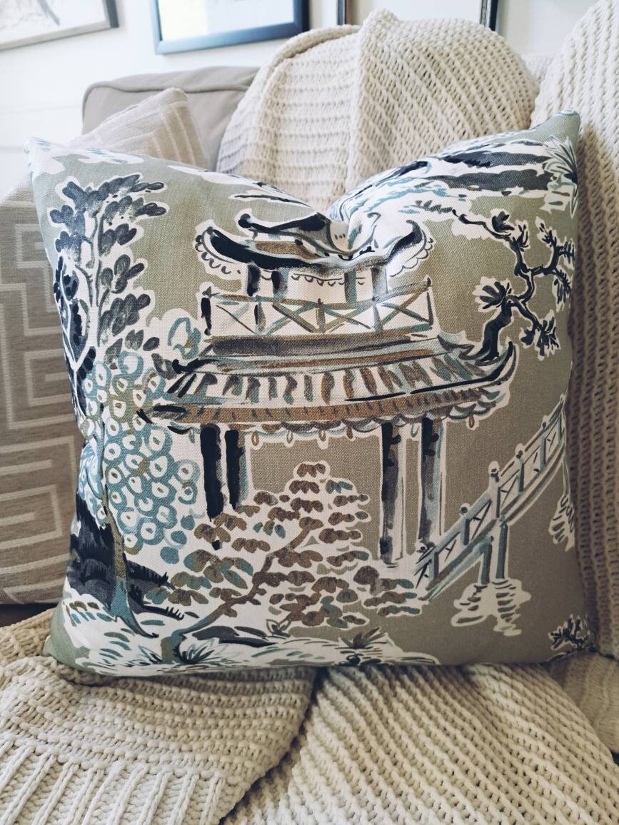 Ming Stone Chinoiserie Pagoda Print Pillow Cover