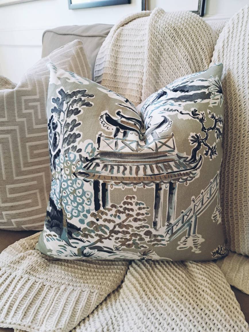 Ming Stone Chinoiserie Pagoda Print Pillow Cover