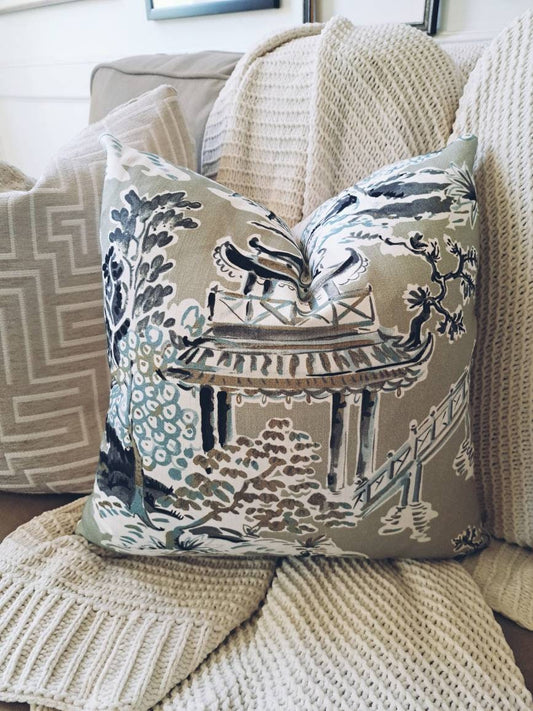 Ming Stone Chinoiserie Pagoda Print Pillow Cover