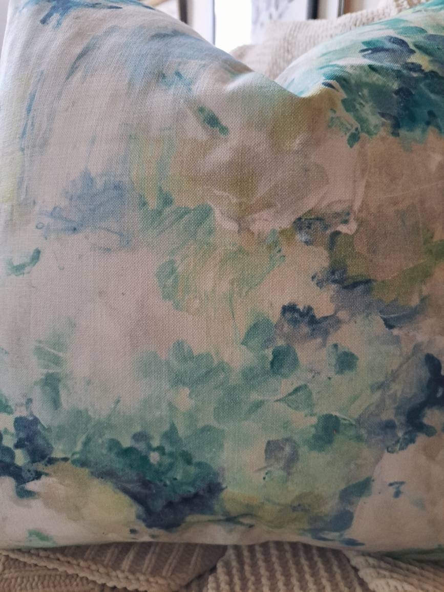 Green and Blue Abstract Watercolor Floral Print Pillow Cover