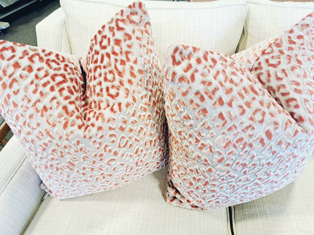 Mango Coral Raised Velvet Leapard Print Pillow Cover