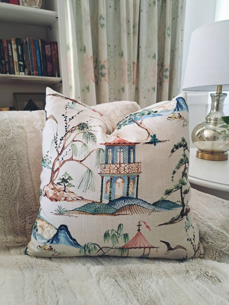 Blush Chinoiserie Pagoda Print Pillow Cover