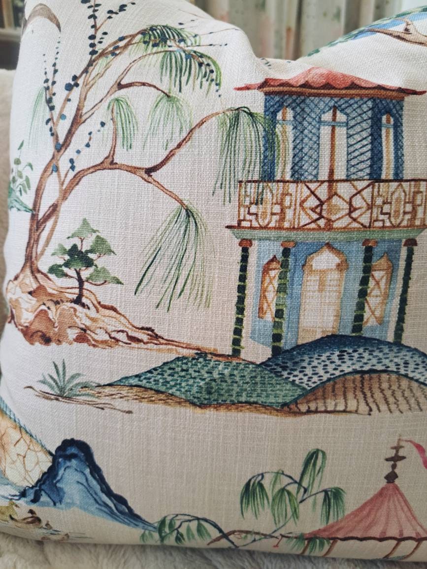 Blush Chinoiserie Pagoda Print Pillow Cover