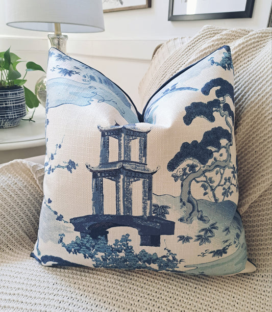 Blue and White Pagoda Chinoiserie Print Pillow Cover