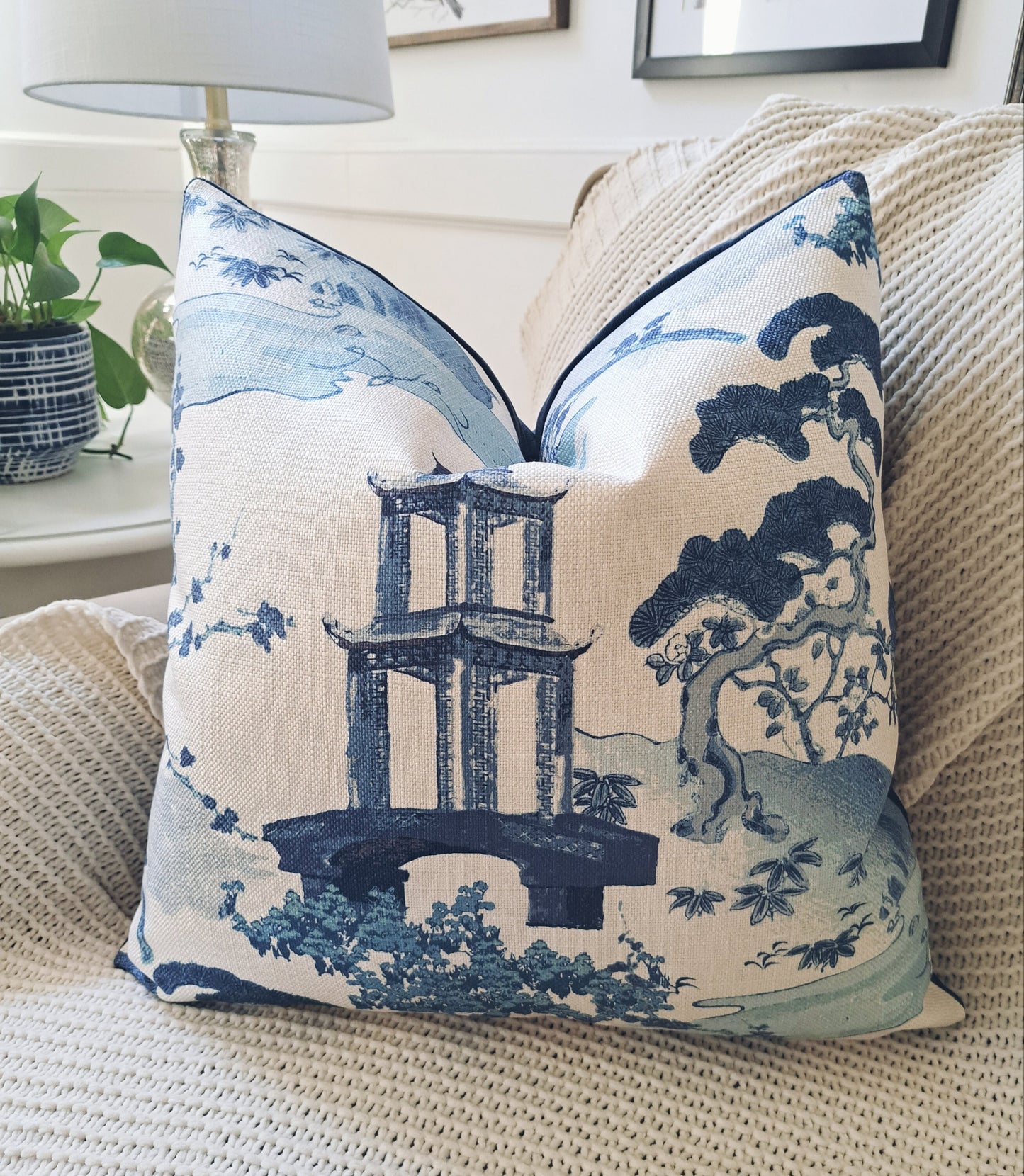 BLUE and white pagoda Chinoiserie print pillow cover