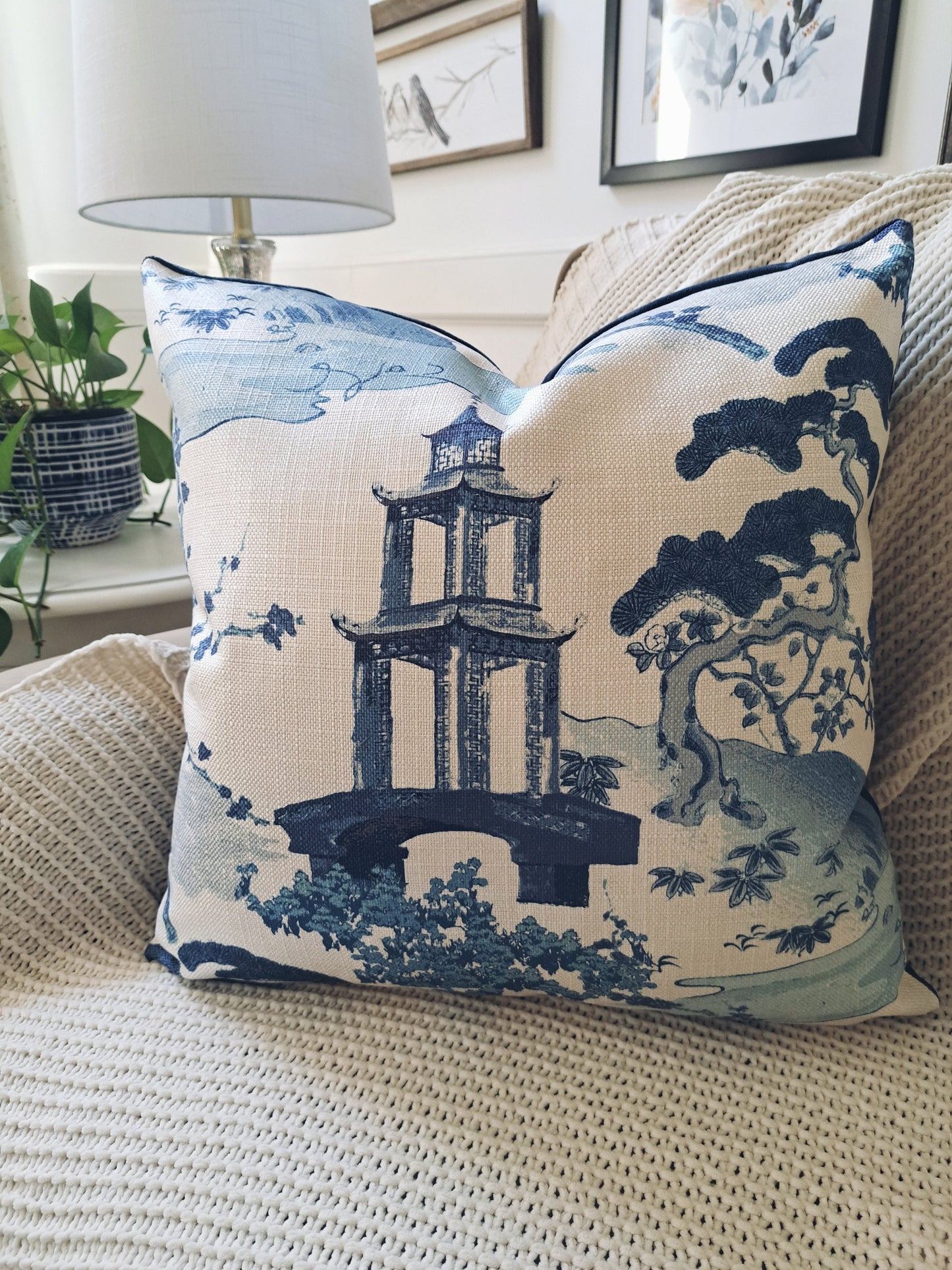 BLUE and white pagoda Chinoiserie print pillow cover
