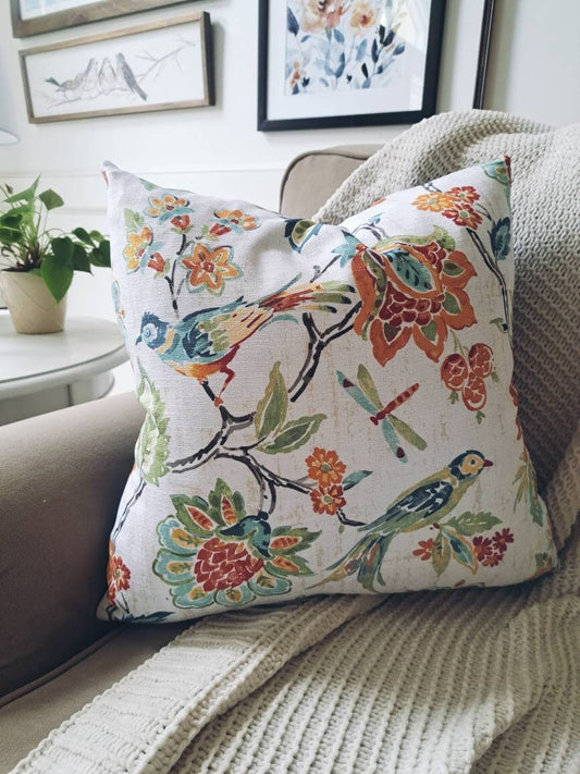 Bright Bird and Floral Print Pillow Cover