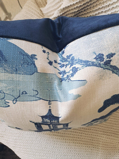Blue and White Pagoda Chinoiserie Print Pillow Cover