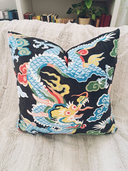 Black and Turquoise Dragon Pillow Cover