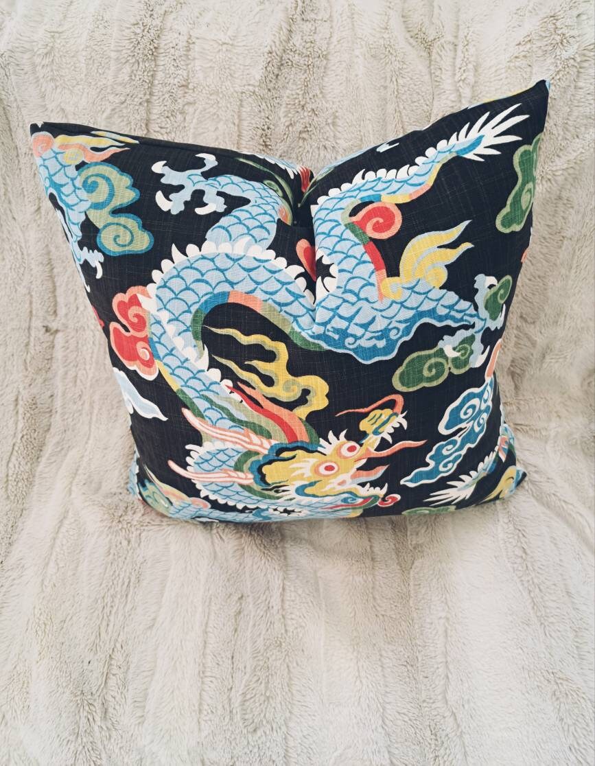 Black and Turquoise Dragon Pillow Cover