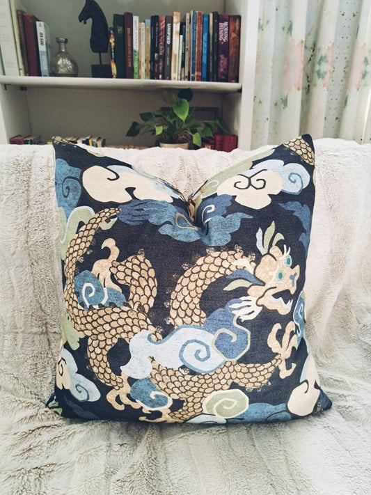 Blue Dragon Chinoiserie Print Pillow Cover