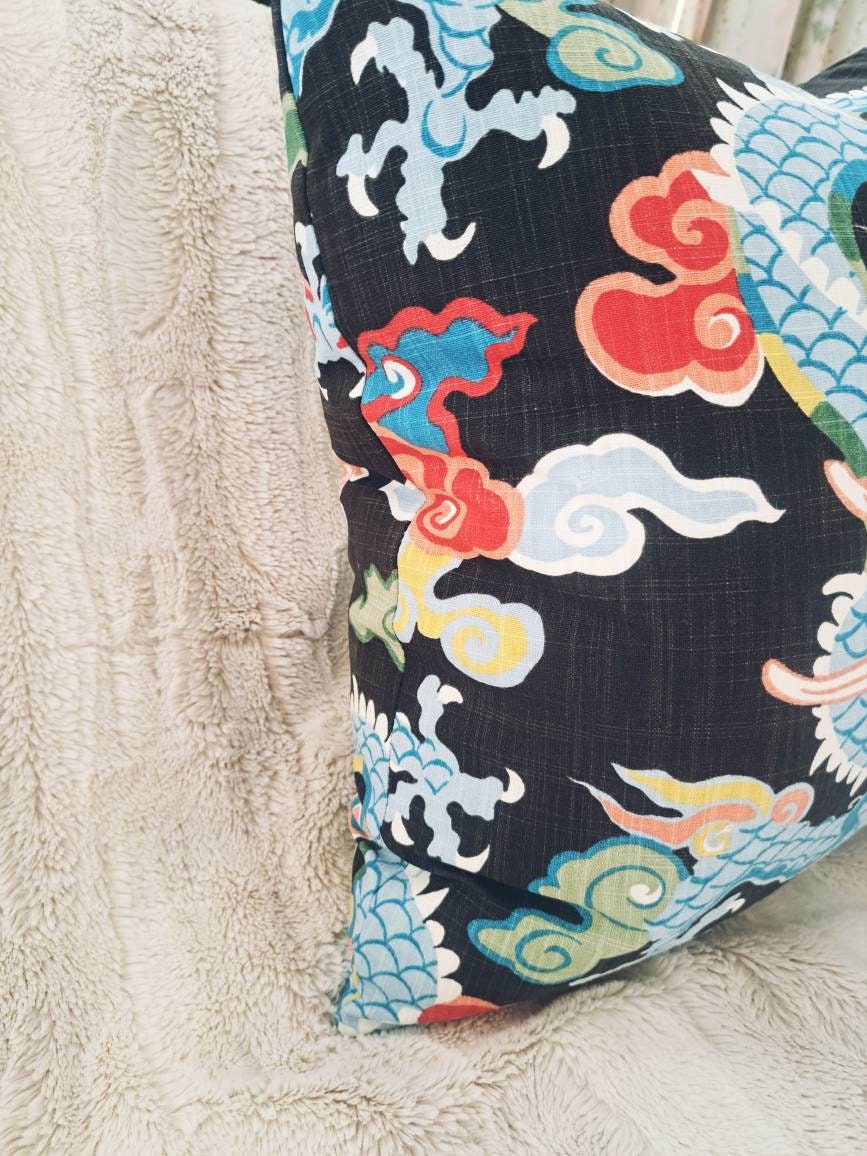 Black and Turquoise Dragon Pillow Cover
