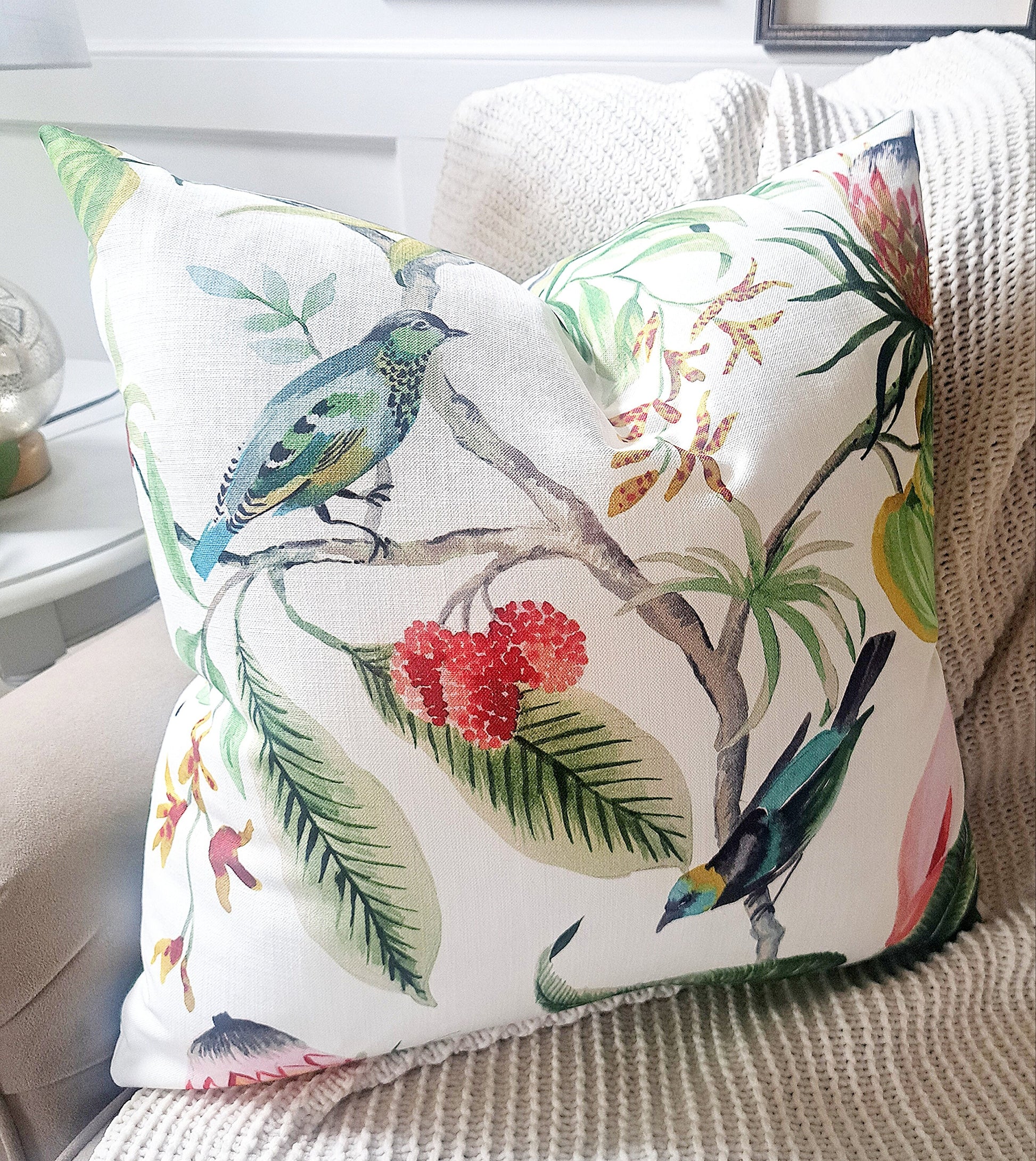 Paradise Leaf Tropical Floral Bird Print Pillow Cover