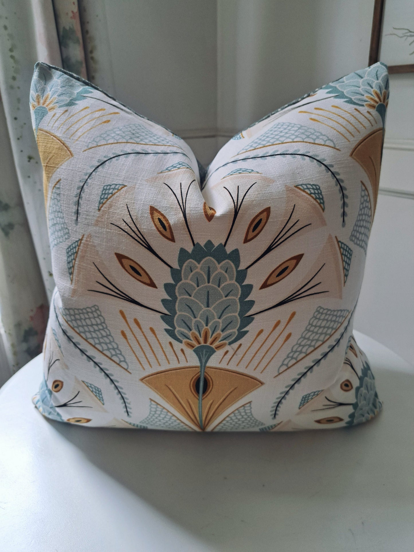 Peacock plumeau blue and gold pillow cover