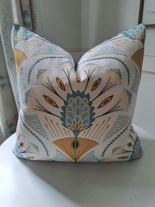 Peacock plumeau blue and gold pillow cover