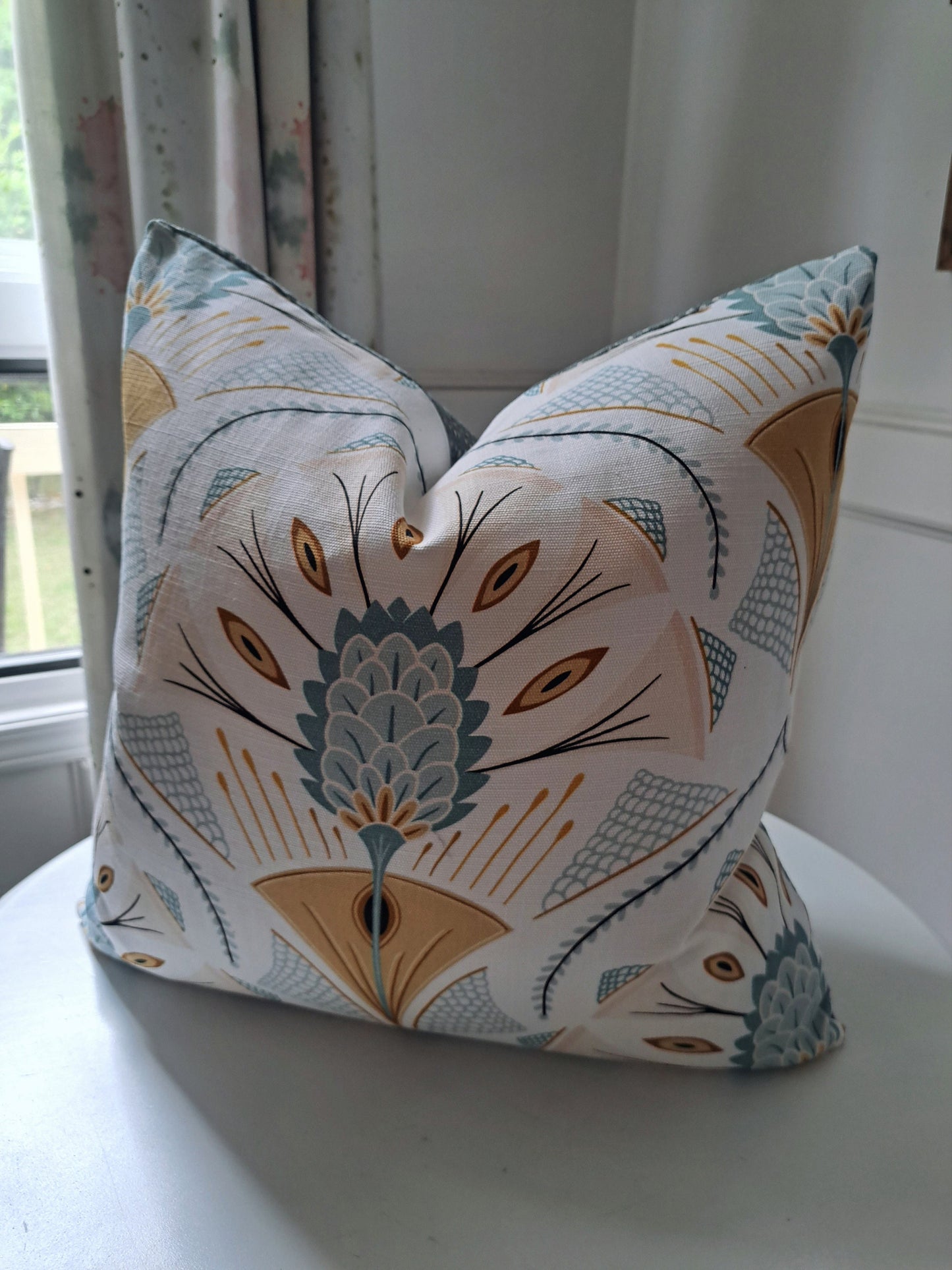 Peacock plumeau blue and gold pillow cover