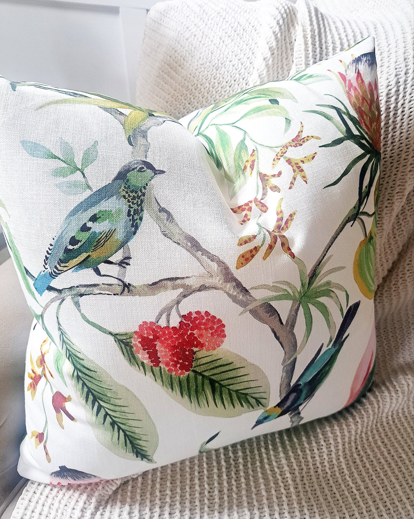 Paradise Leaf Tropical Floral Bird Print Pillow Cover