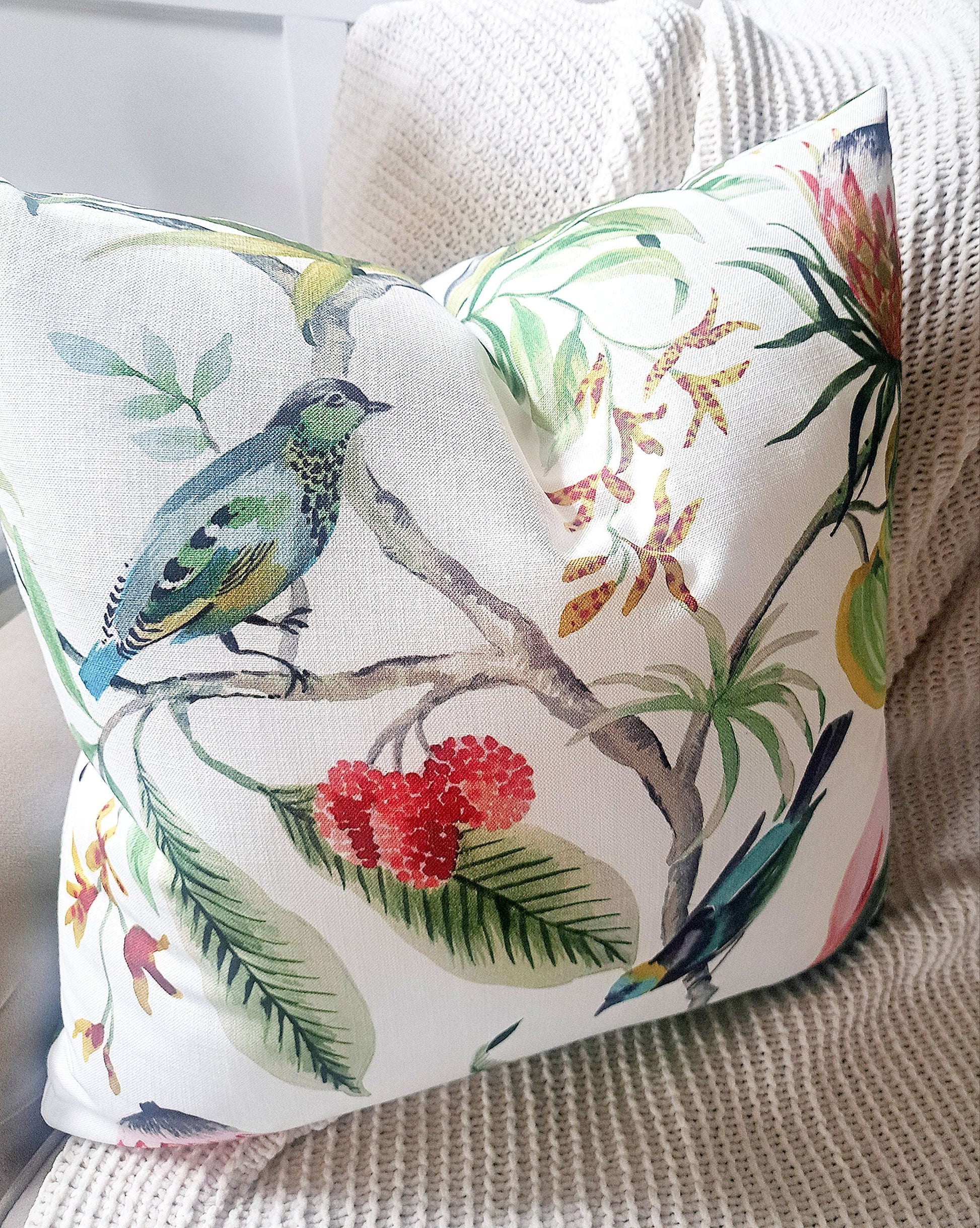 Paradise Leaf Tropical Floral Bird Print Pillow Cover