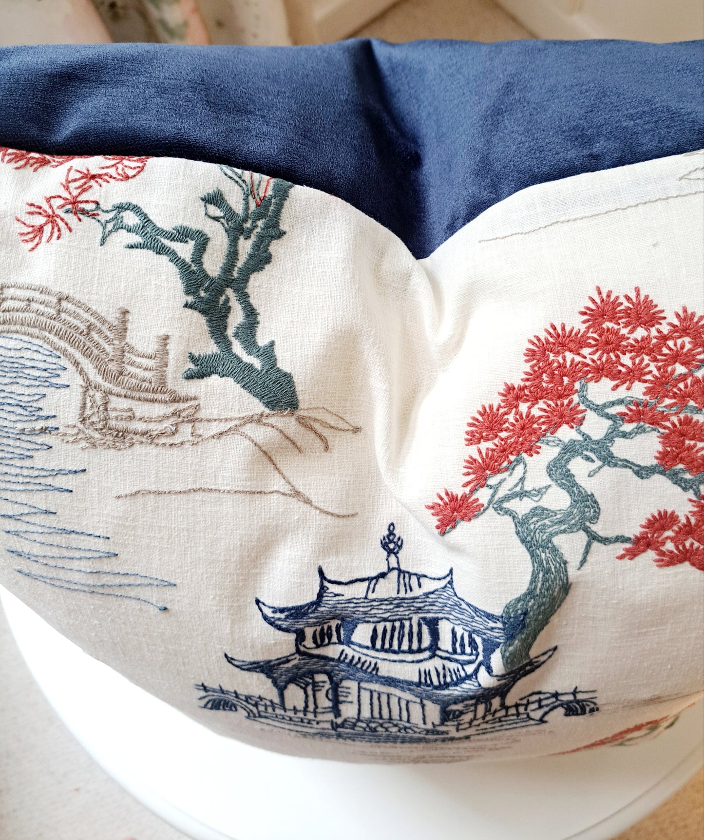 Navy and Coral Pagoda Chinoiserie Print Pillow Cover