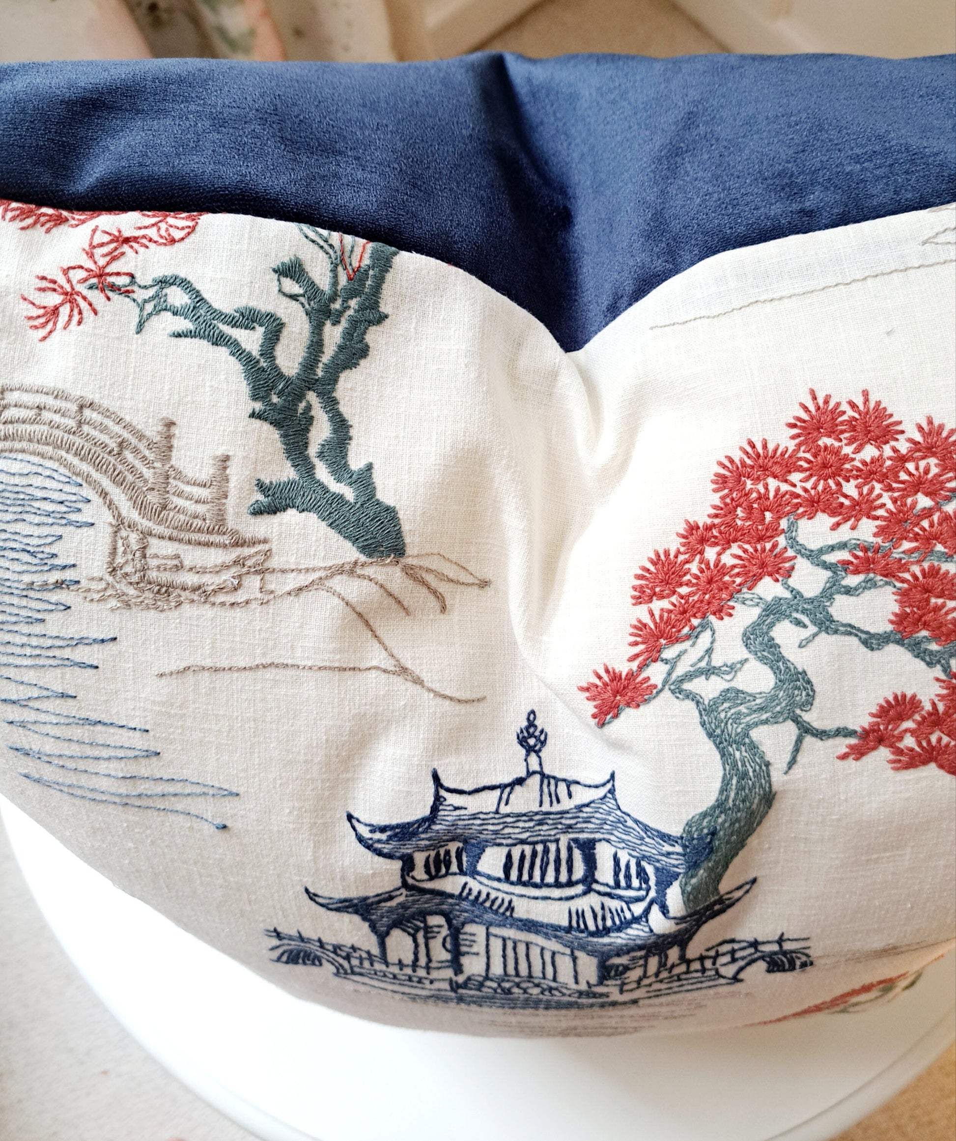 Navy and Coral Pagoda Chinoiserie Print Pillow Cover