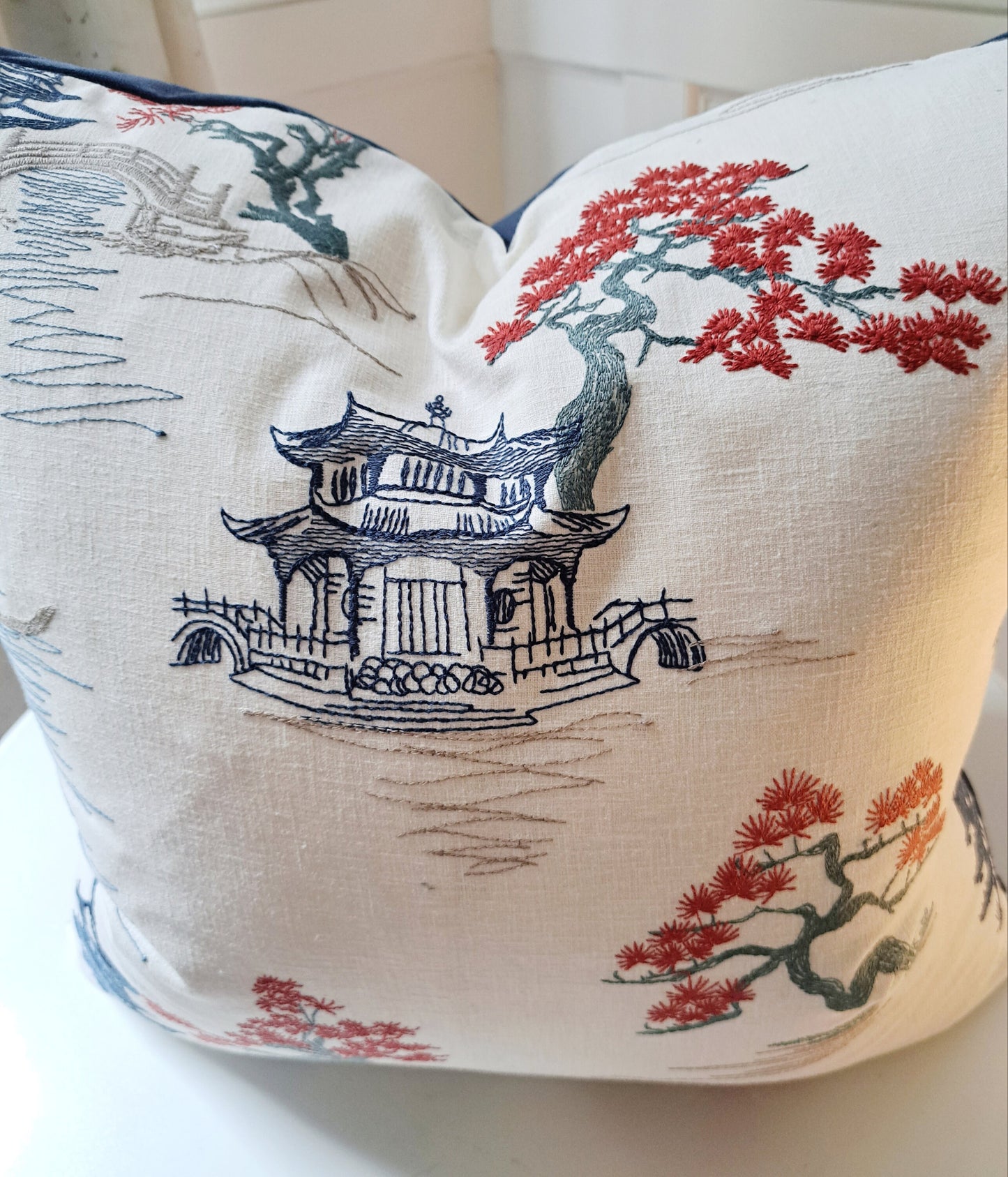 Navy and Coral Pagoda Chinoiserie Print Pillow Cover