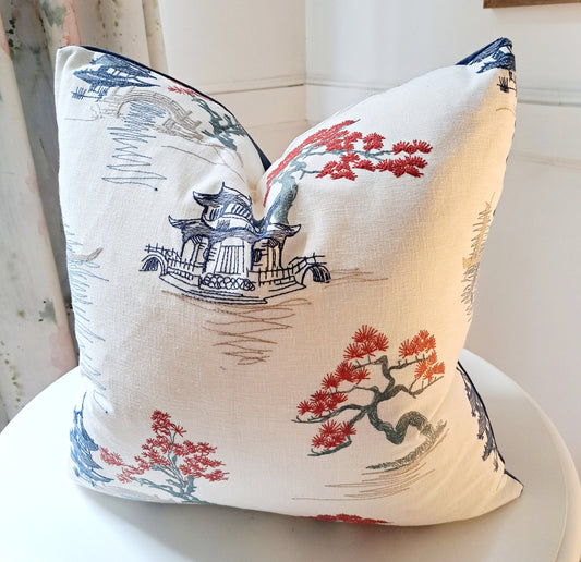 Navy and Coral Pagoda Chinoiserie Print Pillow Cover