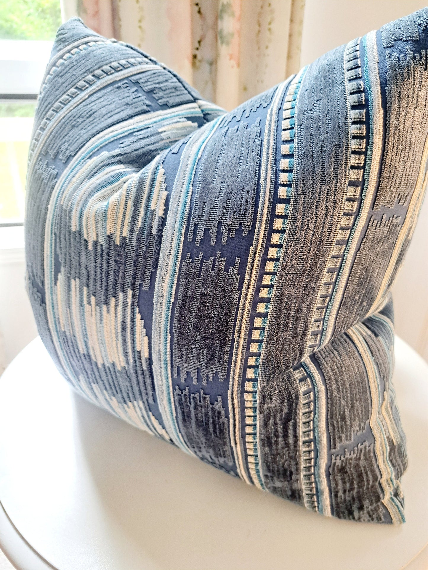 Stripe Geometric Boho Navy Blue Chenille Pillow Cover
