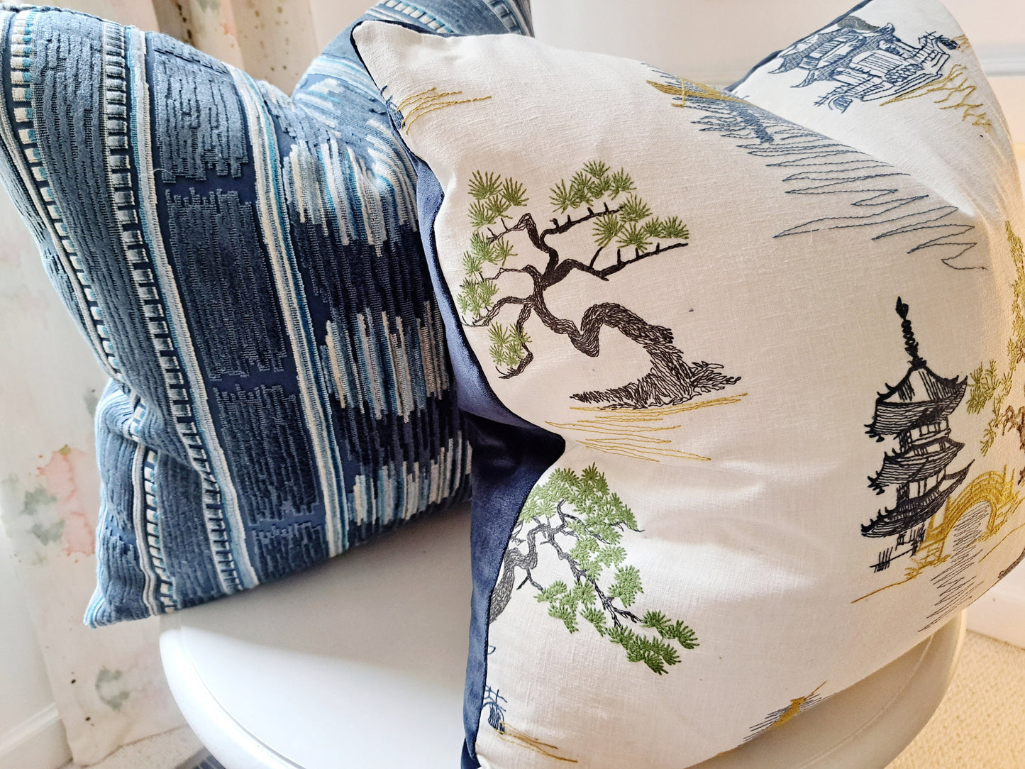 Stripe Geometric Boho Navy Blue Chenille Pillow Cover