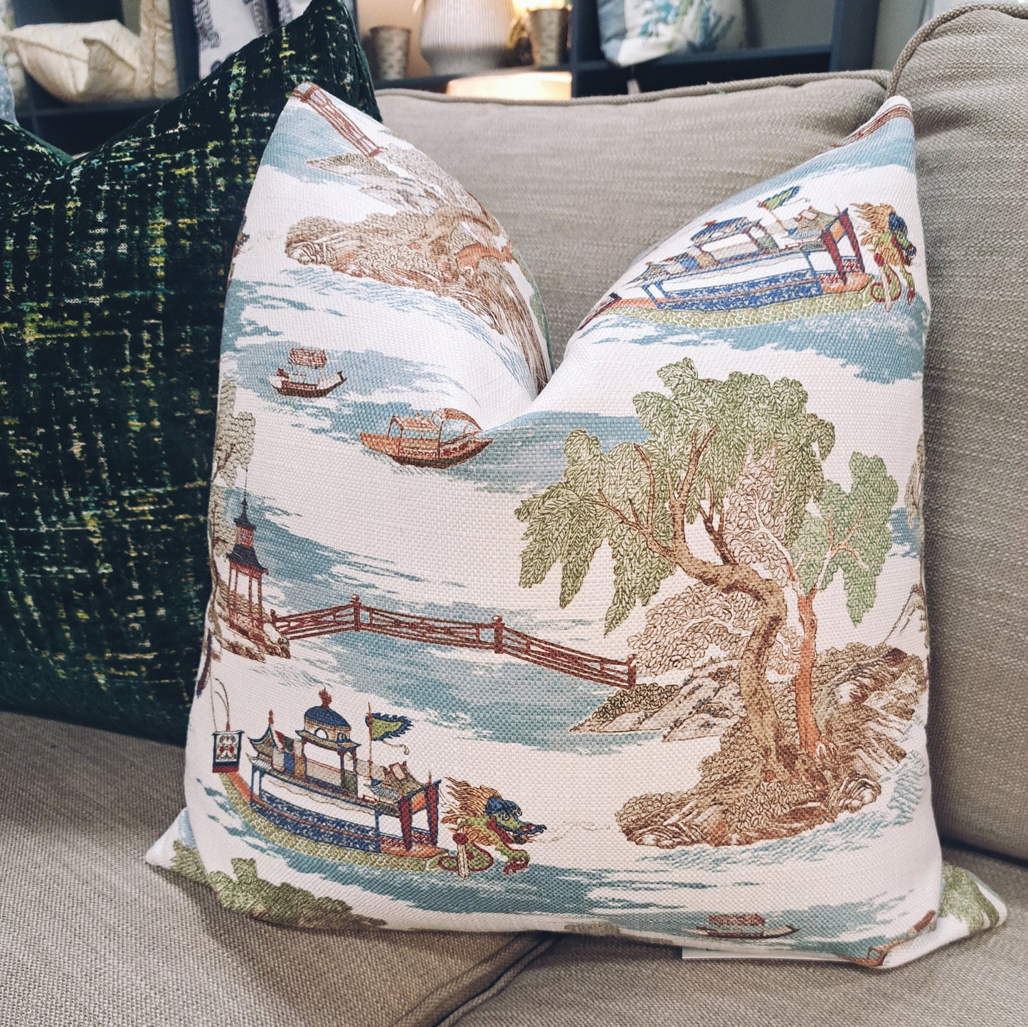 Blue Boat Chinoiserie Print Pillow Cover