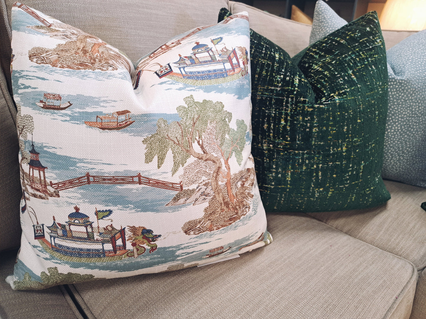 Blue Boat Chinoiserie Print Pillow Cover